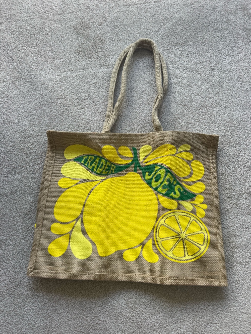 Trader Joe's reusable jute tote bag with lemon design